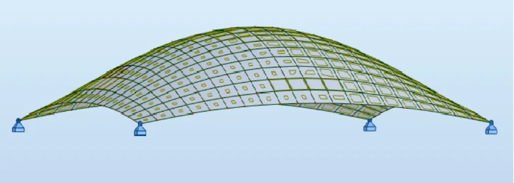 Figura 56:  Modelo suspenso e invertido gerado computacionalmente com uso de tecido com  fibras dispostas na horizontal e vertical