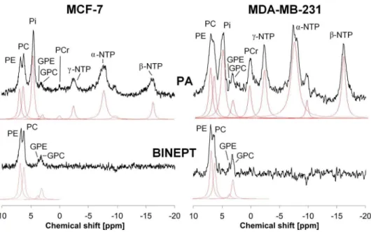 Figure 4 shows the quantification of the in vivo levels (average 6 standard error) of PE, PC, GPE, and GPC obtained with PA and BINEPT 31 P MRS