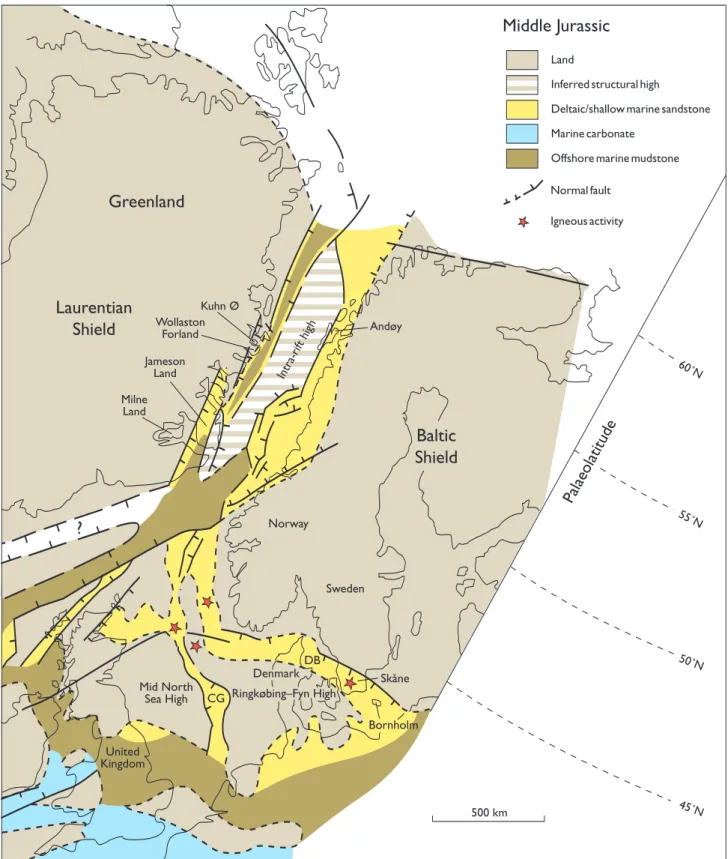 Fig. 1. Schematic Middle Jurassic reconstruction showing the regional tectonic elements and Jurassic seaways in the North Sea region and between Greenland and Norway