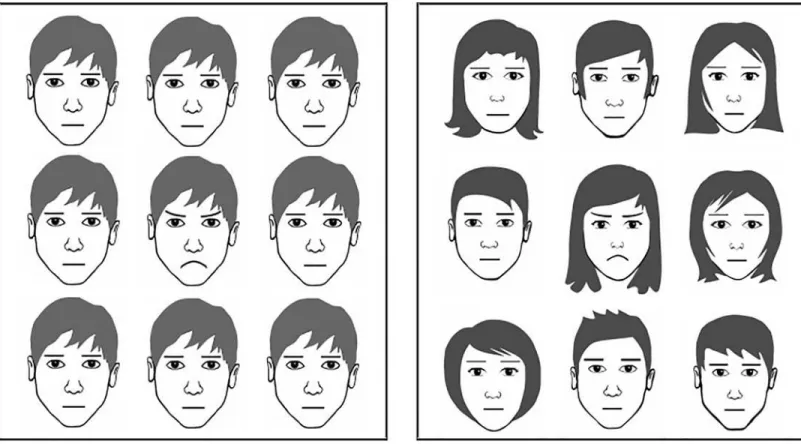 Fig 1. Exemplary face-in-the-crowd matrix with angry target for studies 1/2 (left) and study 3 (right).