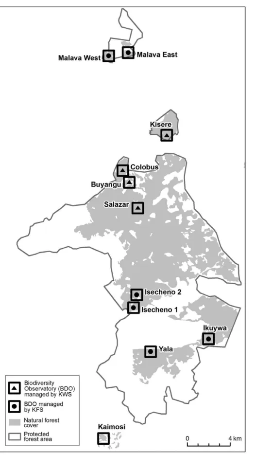 Figure 1. Map of the study area showing the location of the 11 Biodiversity Observatories (BDOs) in Kakamega Forest, Kenya
