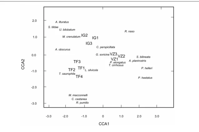 Figure 2.4 Biplot of the canonical correspondence analysis (sampling stations: TF – terra firme, VZ  – várzea, IG – igapó)