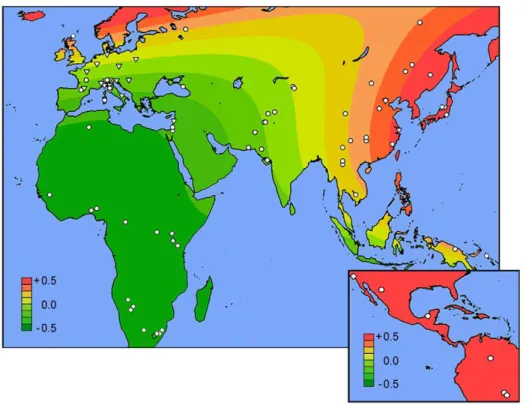 Figure 3. Worldwide geospatial risk analysis. Surface interpolation of the standardized risk score over Africa and Euroasia (main), and Americas (inset)