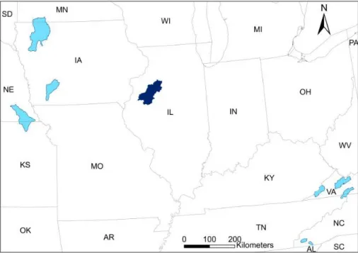 Fig. 1. Locations of the 9 study watersheds with Spoon River watershed located in Illinois highlighted with dark blue.
