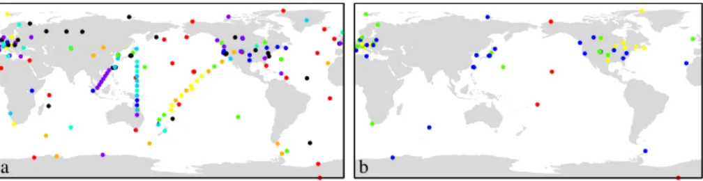 Fig. 1. Map of the site locations. Left shows all site locations used by any inversion with the color representing the number of inversions that use that site: black: 1, purple: 2, dark blue: 3, light blue: 4, cyan: 5–6, green: 7–8, yellow: 9, orange: 10, 