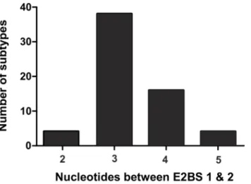 Fig 3. E2BS spacing among HPV ’ s. Distribution of nucleotide spacing between E2BS #1 and #2 of the 63 alpha genus papillomaviruses.