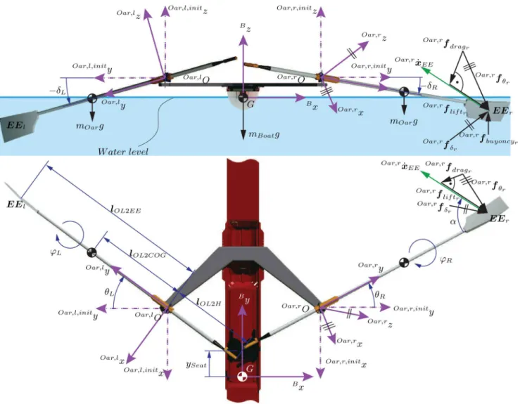 Figure 6. Definition of the boat’s coordinate systems, the forces at the oars, the oar angles, the seat position, and centers of gravity.