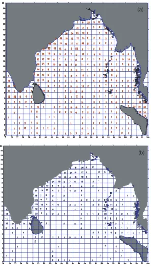 Fig. 3. Total number of profiles of (a) nitrate and (b) chlorophyll a available at each of the 1 ◦ latitude × 1 ◦ longitude grid.