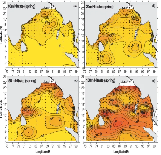 Fig. 9. Spatial distribution of nitrate (µM) at (a) 10 m, (b) 20 m, (c) 50 m, and (d) 100 m during spring intermonsoon