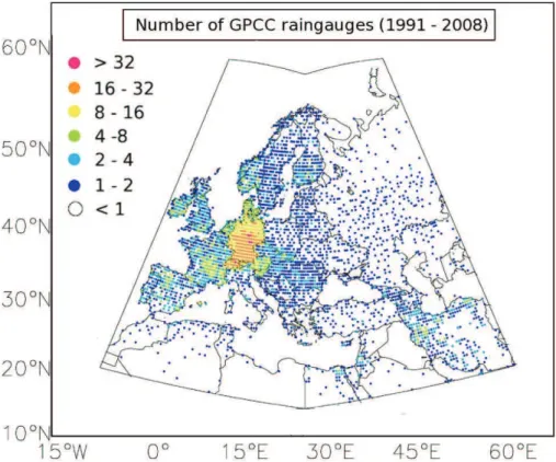 Fig. 1. Mean number of GPCC rain gauges per grid cell (0.5 ◦ ×0.5 ◦ ) used to rescale the ERA-I precipitation data set over the 1991–2008 period.