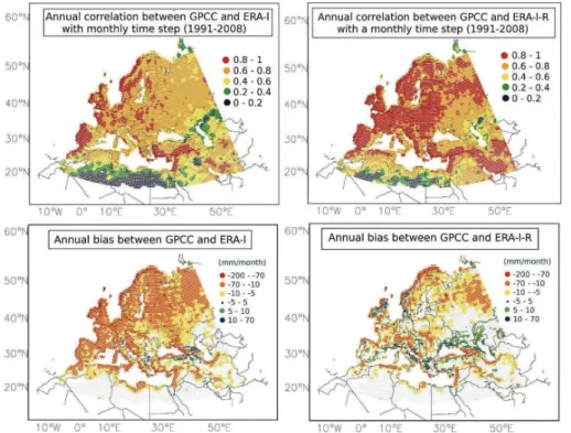 Fig. 3. Monthly scores of the ERA-I and ERA-I-R precipitation estimates with respect to GPCC, over the 1991–2008 period: (left panel) ERA-I and (right panel) ERA-I-R in terms of (top panel) temporal correlation (r 2 ) and (bottom panel) mean bias.