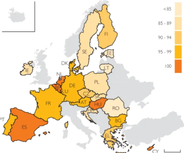 Figura  2.10  População servida por drenagem de águas residuais na UE,  2013  (%)  &lt;85 85 - 89 90 - 94 95 - 99 100 PT ES CYFRBELUNLDKFIDECZATHRHUSK 0 400KmSEEELTPLBGRO &lt;7070 - 7980 - 8990 - 99100PTESCYFRBELUNLDKFIITDECZATSI HRHUSK0 400KmUKSEEELVLTPLB