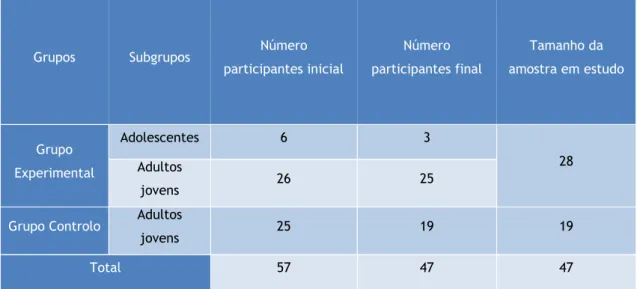 Tabela 1: Distribuição dos participantes pelo grupo de estudo. 
