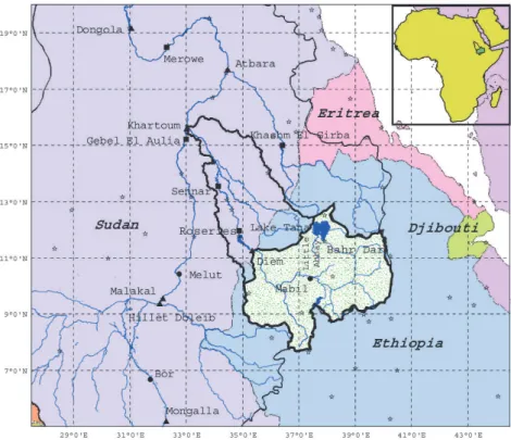 Fig. 1. Schematic representation of the upper Blue Nile Basin (hatched) within Blue Nile River basin (outlined)