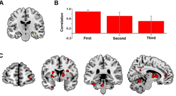 Figure 3. Results from functional connectivity analyses. (A) Location of the RHC seed (xyz 32 2 16 2 18)
