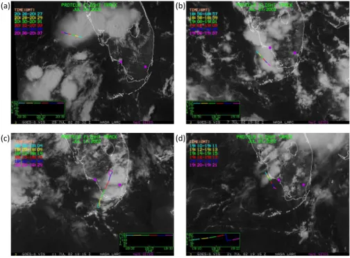 Fig. 2. GOES-8 visible images with Proteus flight track for (a) 29 July; (b) 7 July; (c) 11 July; and (d) 21 July