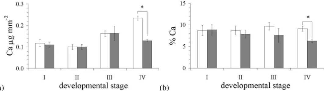 Fig. 3. Changes in the calcium concentration of the carapace during development and exposure to CO 2 -acidification (1200 ppm), expressed as (a) concentration per surface area and (b) % carapace dry mass