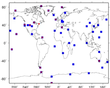 Figure 1. Surface sites from the NOAA, CSIRO, NIWA and EC networks used in this study with red circles for surface sites  observ-ing MCF dry air mole fractions and blue squares for surface sites observing CH 4 dry air mole fractions.