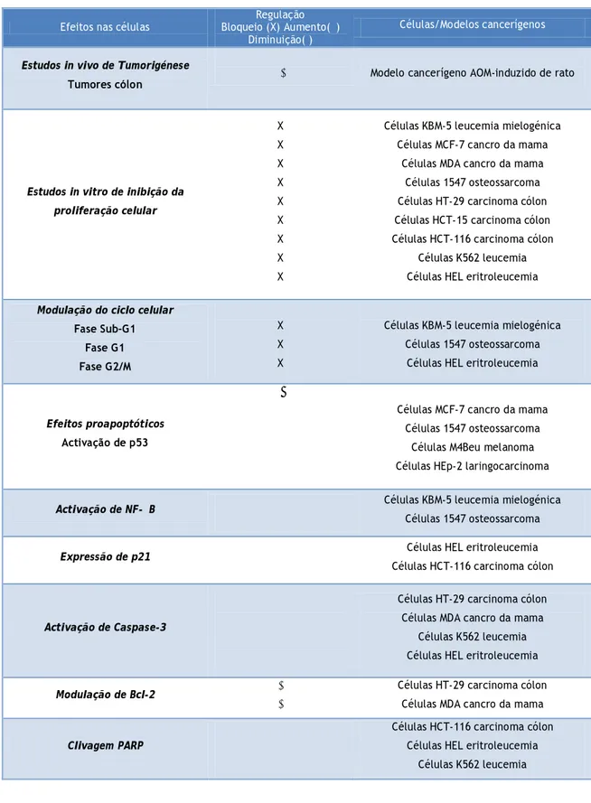 Tabela 1 -  Actividades anticancerígenas da diosgenina. Legenda: AOM, azoximetano; NF-κB, factor  nuclear k-B; Bcl-2, células B-2 linfoma não-Hodgkin; PARP, poli polimerase (adenosina  ribose-difosfato)