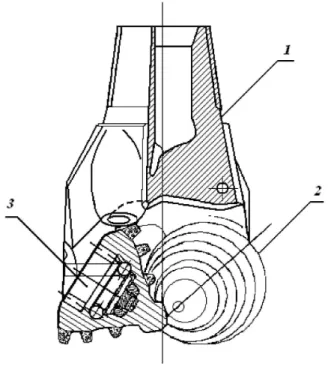 Fig. 1. Cogged bit: 1 – body; 2 – cogged roller; 3 – bearing