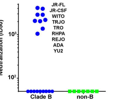 Fig 7. Serum 613 neutralization breadth of N197 knockout mutants. 613 serum ID50s against N197 glycan knockout mutants of various clade B (blue symbols) and non-clade B (green symbols) in the TZM-bl assay