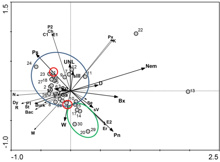 Figure 3. Relationships between pine trees species, bacterial communities and environmental variables