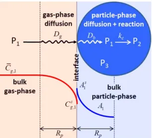Figure 1. Schematic of the gas-particle mass-transfer process, with both diffusion and reaction occurring inside the particle phase.