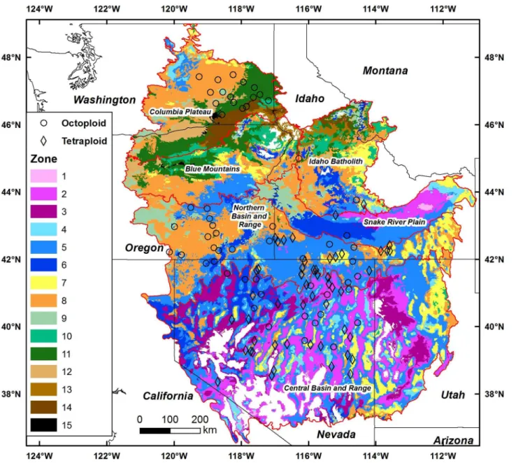 Fig 2. Fifteen proposed seed zones for basin wildrye based on regression models of canonical variates 1 and 2 with climate variables over intermountain west