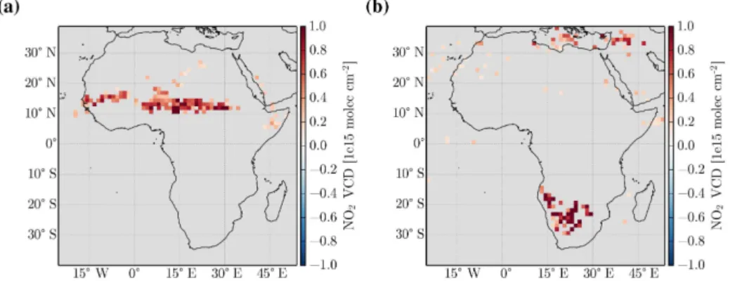 Figure 4. (a) Significant OMI NO 2 VCD enhancements (in 1 × 10 15 molec cm − 2 ) on Day 0 compared to the background level for April–May–