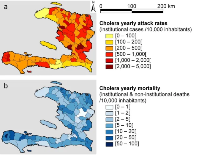 Figure 1. Mapping one year of cholera morbidity and mortality rates in Haiti. The colored scales represent yearly attack (a) and mortality (b) rates per 10,000 inhabitants in communes of Haiti (from October 16, 2010 to October 15, 2011).