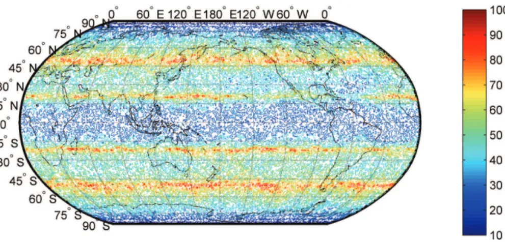 Fig. 1. GPS radio occultation coverage. Total number of occultations (from GPSMET, SACC, CHAMP, COSMIC and GRACE covering the period 1995–2009) gridded with 1 degree of resolution.