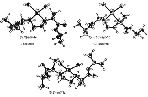 Fig. 4. Calculated structures of {PdCl 2 {(S,S)-(i-Pr) 2 eddip]} (1c) (the energies  are relative to the most stable isomer (R,R)-anti-1c)