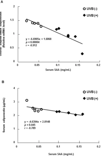 Figure 4. Correlation between SAA and adiponectin levels. SAA and adiponectin levels were measured as described in the Materials and Methods section