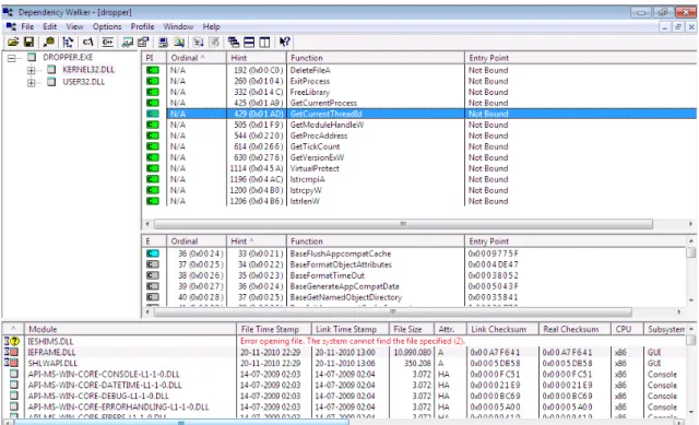 Figure 5.5: Screenshot of the Dependency Walker application, showing the libraries imported by the Stuxnet malware sample.