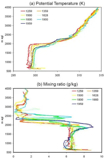 Fig. 6. Time series of hourly soundings performed on 1 July 2011 between 13:00 and 20:00 UTC