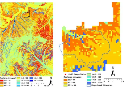 Fig. 5. Spatial distribution of recharge in the study region and at Konza LTER.