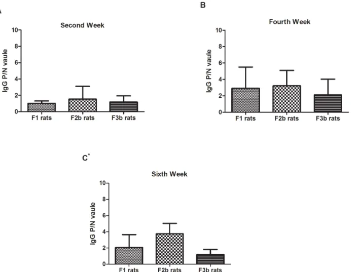 Fig 5. The serum IgG levels in the three generations after maternal OVA exposure. The F0 maternal OVA-exposedF1 experimental rats(F0 matOVA ), the F1 maternal OVA-exposed F2b experimental rats(F0 matOVA /F1 matOVA ) and the F2b maternal OVA-exposed F3b exp