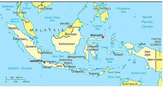 Figura 1. Mapa da Indonésia. Minahasa situa-se na península norte de Sulawesi, sendo Manado a  cidade de referência