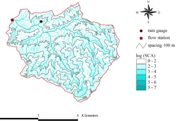 Fig. 1. The Heng-Chi watershed. Stream network, elevation contour, specific contributing area (SCA) and hydrological stations are presented.