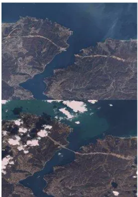 Figure  11.  RASAT  imagery  showing  construction of  Yavuz  Sultan  Selim  Bridge  over  the  Bosphorus,  (top)  before  construction  began  in  2014  and  (bottom)  current  state  of  construction in 2016