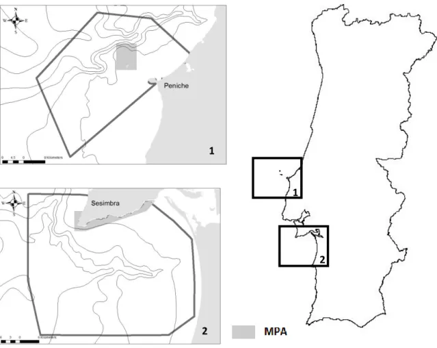Figure 2-1: Study areas represented with grey boundaries and the two MPA in grey polygons: (1) Reserva Natural  das Berlengas (RNB) in Peniche (above) and (2) Parque Marinho Professor Luíz Saldanha  (PMLS) in Sesimbra 