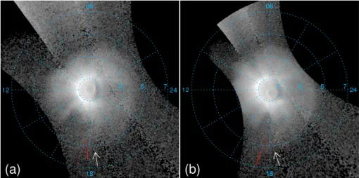 Fig. 2. Plasmaspheric images captured by IMAGE EUV and mapped to the magnetic equator on 12 June 2002 at (a) 00:18 UT and (b) 02:00 UT