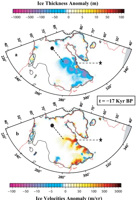 Fig. 2. Ice thickness (in m) and velocity (in m yr −1 ) anomalies of the Greenland and Laurentide ice sheets when accounting for the effects of the oceanic circulation changes (implying an oceanic subsurface warming) after one thousand years at 17 ka BP