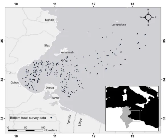 Figure 1. The Gulf of Gabes study area with black points indicating the location of the benthic trawls used in this study.