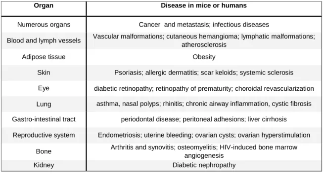 Table  1-  Diseases  characterized  or  caused  by  excessive  angiogenesis  (adapted  from:  Carmeliet,  2005) 