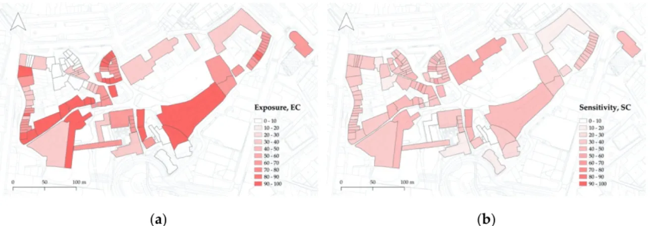 Figure 8. Spatial distribution of the exposure (a) and the sensitivity (b) indicators