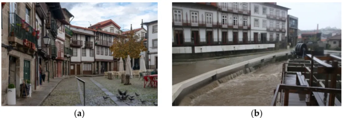 Figure 1. The Historic City Centre of Guimarães: (a) View to one of its squares; (b) Example of a flood  event in the Couros’ river basin (source: Guimarães City Council)