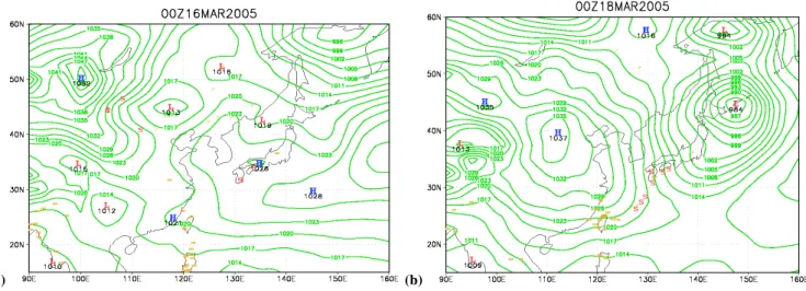 Fig. 4. Surface weather chart and dust storm report (denoted by dollar signs) at 00:00 UTC on (a) 16 March 2005 (b) 18 March 2005.