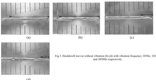 Figure 5 shows micrographs of specimen welded. Fig.5.(a) and 5(b) shows the metallographs of weld under non  vibrated conditions and vibrated in the frequency range of 105Hz respectively