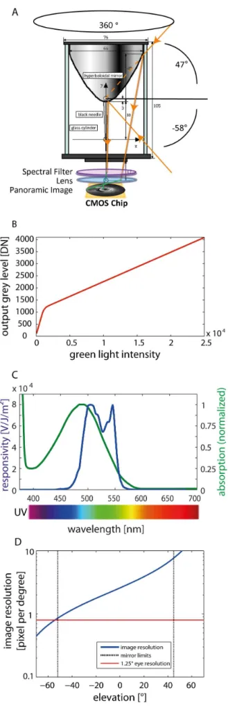 Figure 1. Panorama high-dynamic-range (HDR) imaging sys- sys-tem. (A) Schematic side view of the panoramic mirror with optical path.